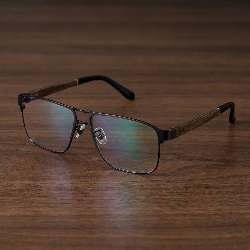 Lentes ópticos Neruda Negro sobre escritorio de madera premium calidad premium receta Bonoboss #editorial_banner_confianza #color_negro