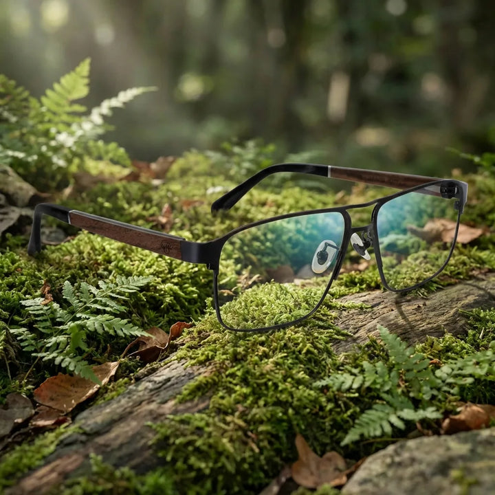 Lentes ópticos Neruda Negro en bosque verde natural diseño sustentable Bonoboss #editorial_sustentabilidad #color_negro
