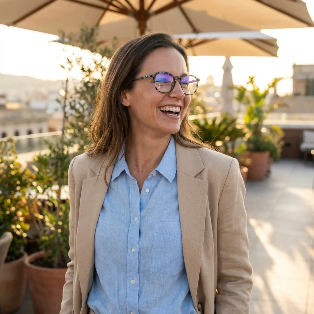 Lentes ópticos Octavia Marble mujer en terraza con vista panorámica Bonoboss #editorial_lifestyle1 #color_marble