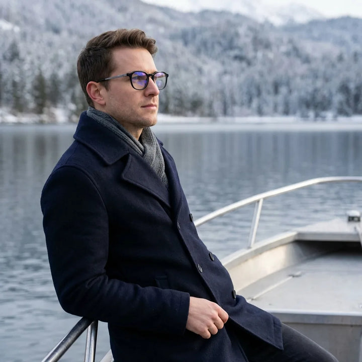 Lentes ópticos Octavia Negro modelo en barco lago con bosque nevado Bonoboss #editorial_lifestyle1 #color_negro