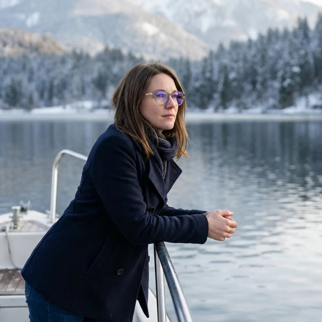 Lentes ópticos Octavia Transparente modelo en barco lago con bosque nevado Bonoboss #editorial_lifestyle1 #color_transparente