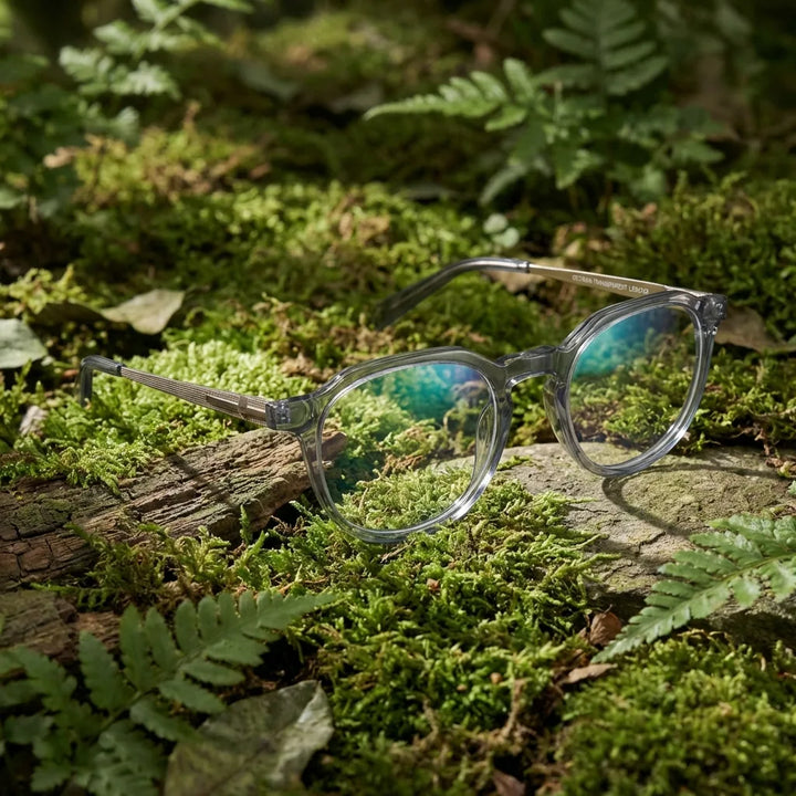 Lentes ópticos Octavia Transparente en bosque verde natural diseño sustentable Bonoboss #editorial_sustentabilidad #color_transparente