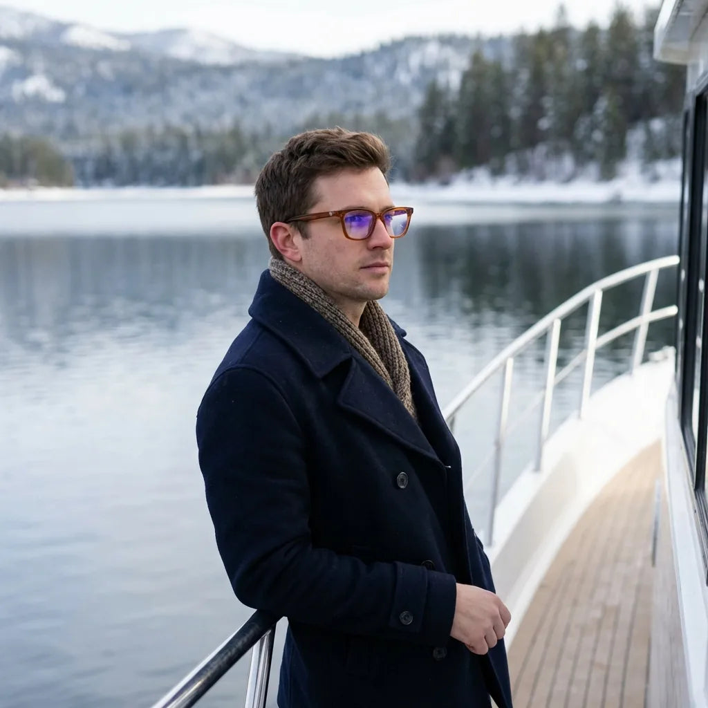Lentes ópticos Oliver Brown modelo en barco lago con bosque nevado Bonoboss #editorial_lifestyle1 #color_brown