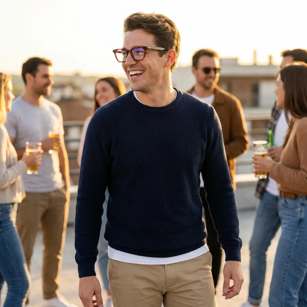 Lentes ópticos Oliver Carey modelo en contexto social urbano profesional Bonoboss #editorial_lifestyle2 #color_carey