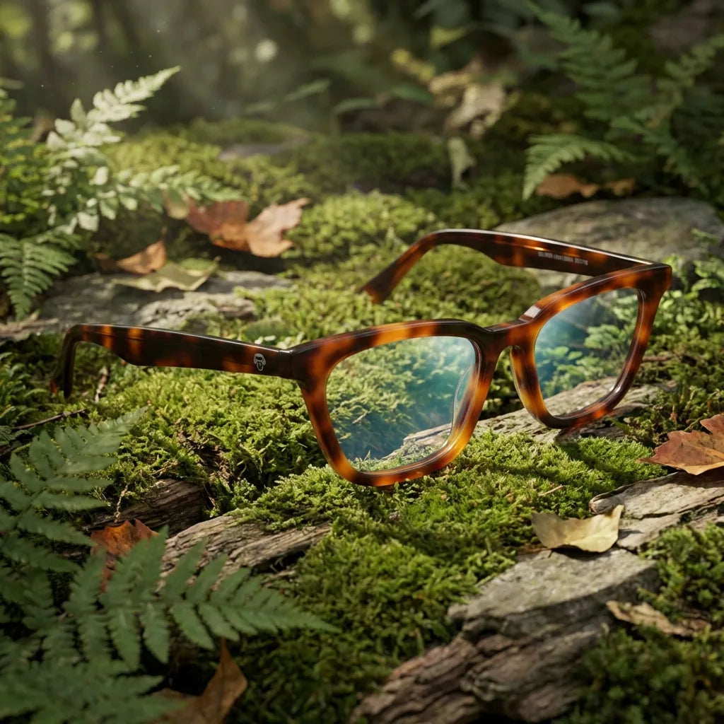 Lentes ópticos Oliver Carey en bosque verde natural diseño sustentable Bonoboss #editorial_sustentabilidad #color_carey