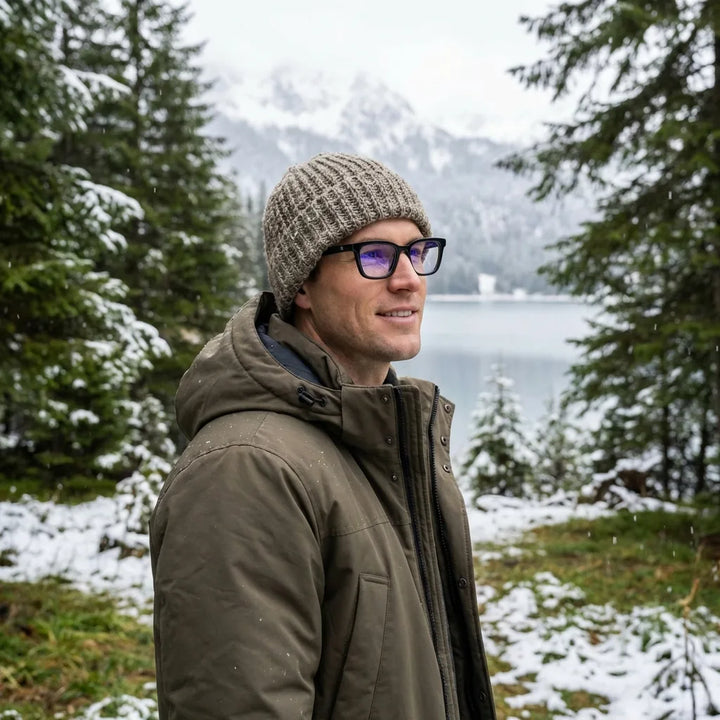 Lentes ópticos Oliver Negro modelo con gorro en bosque nevado invernal Bonoboss #editorial_lifestyle1 #color_negro