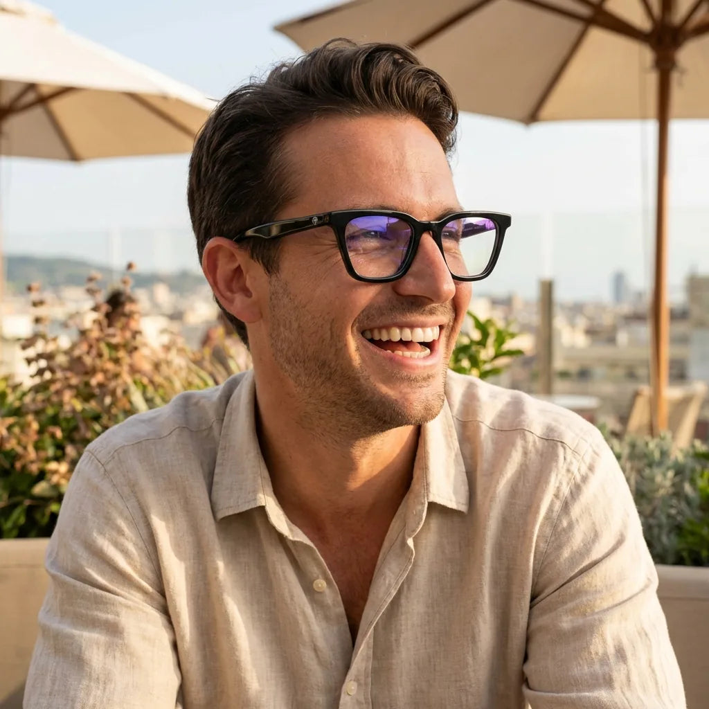 Lentes ópticos Oliver Negro mujer en terraza con vista panorámica Bonoboss #editorial_lifestyle3 #color_negro