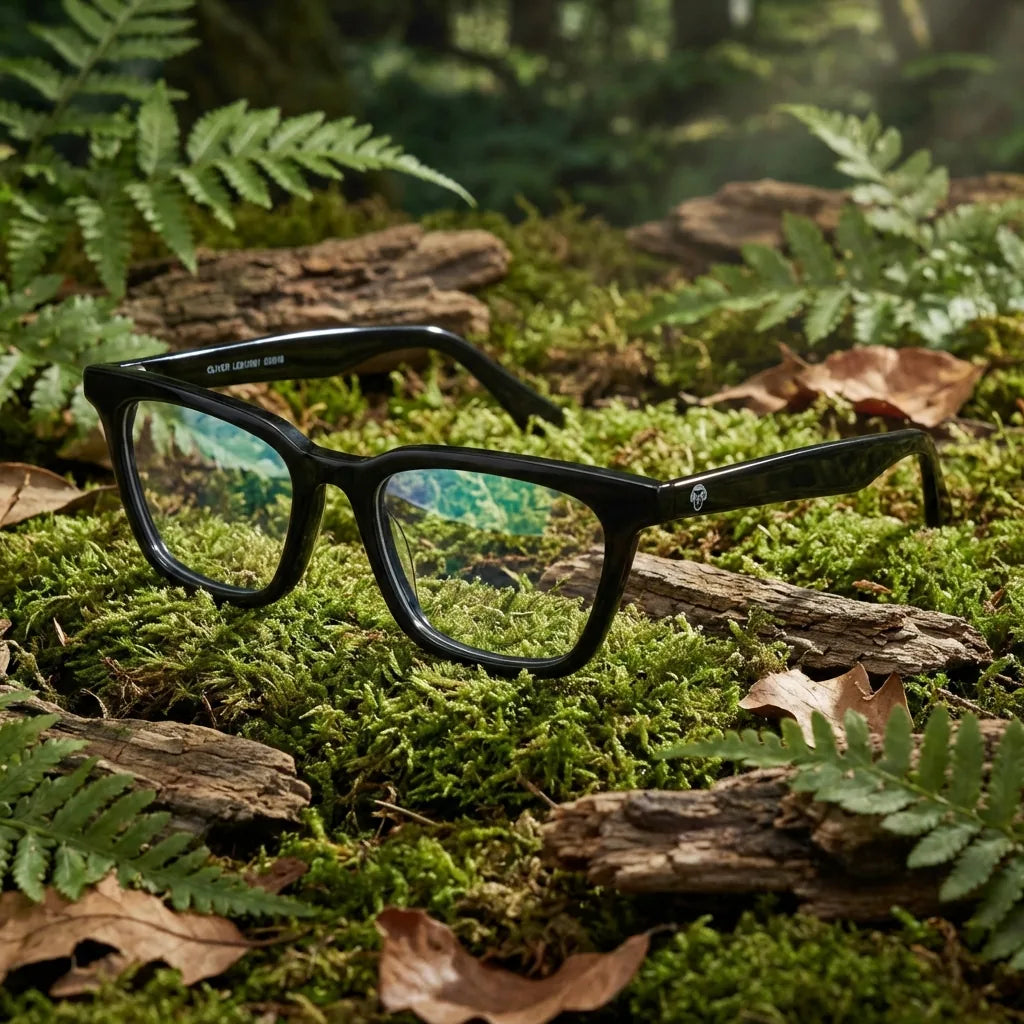 Lentes ópticos Oliver Negro en bosque verde natural diseño sustentable Bonoboss #editorial_sustentabilidad #color_negro