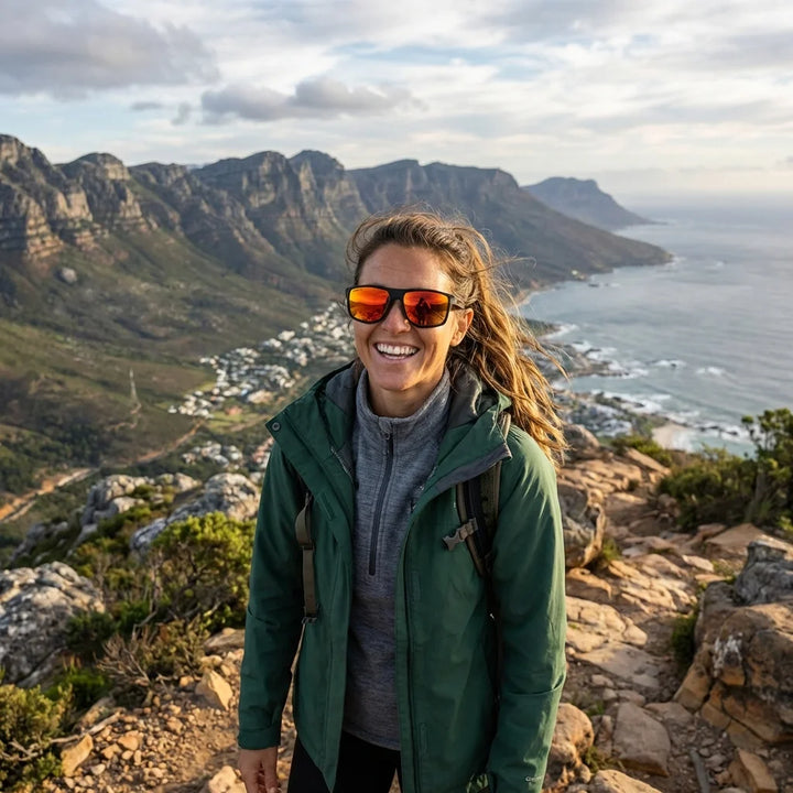 Mujer usando lentes sol Ollie polarizados Espejado Naranjo compromiso sustentable materiales reciclados Bonoboss #editorial_sustentabilidad #color_espejado-naranjo