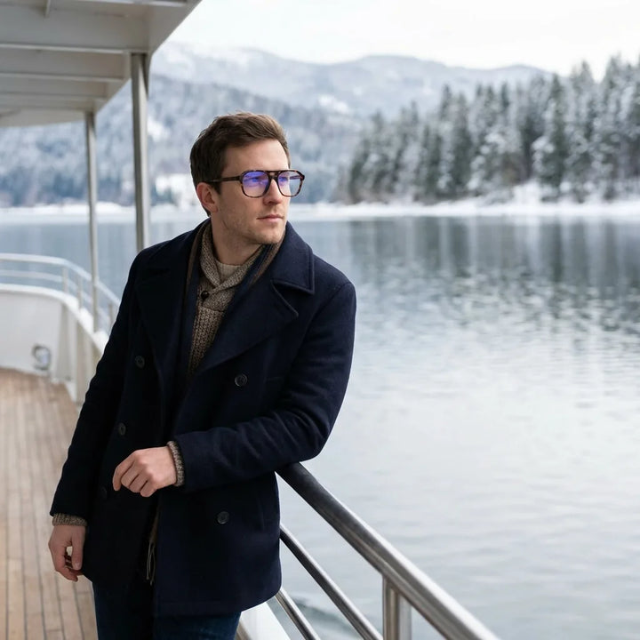 Lentes ópticos Orson Carey modelo en barco lago con bosque nevado Bonoboss #editorial_lifestyle1 #color_carey