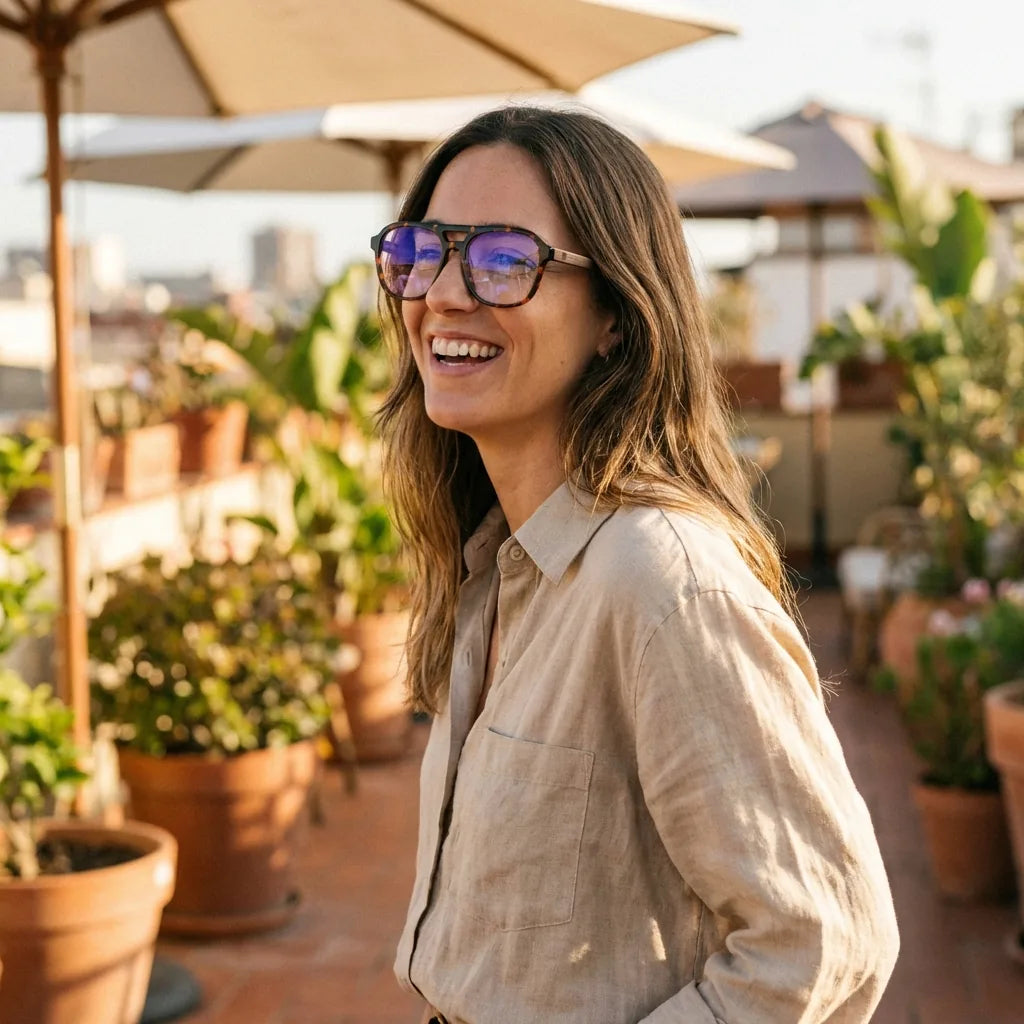 Lentes ópticos Orson Carey mujer en terraza con vista panorámica Bonoboss #editorial_lifestyle2 #color_carey