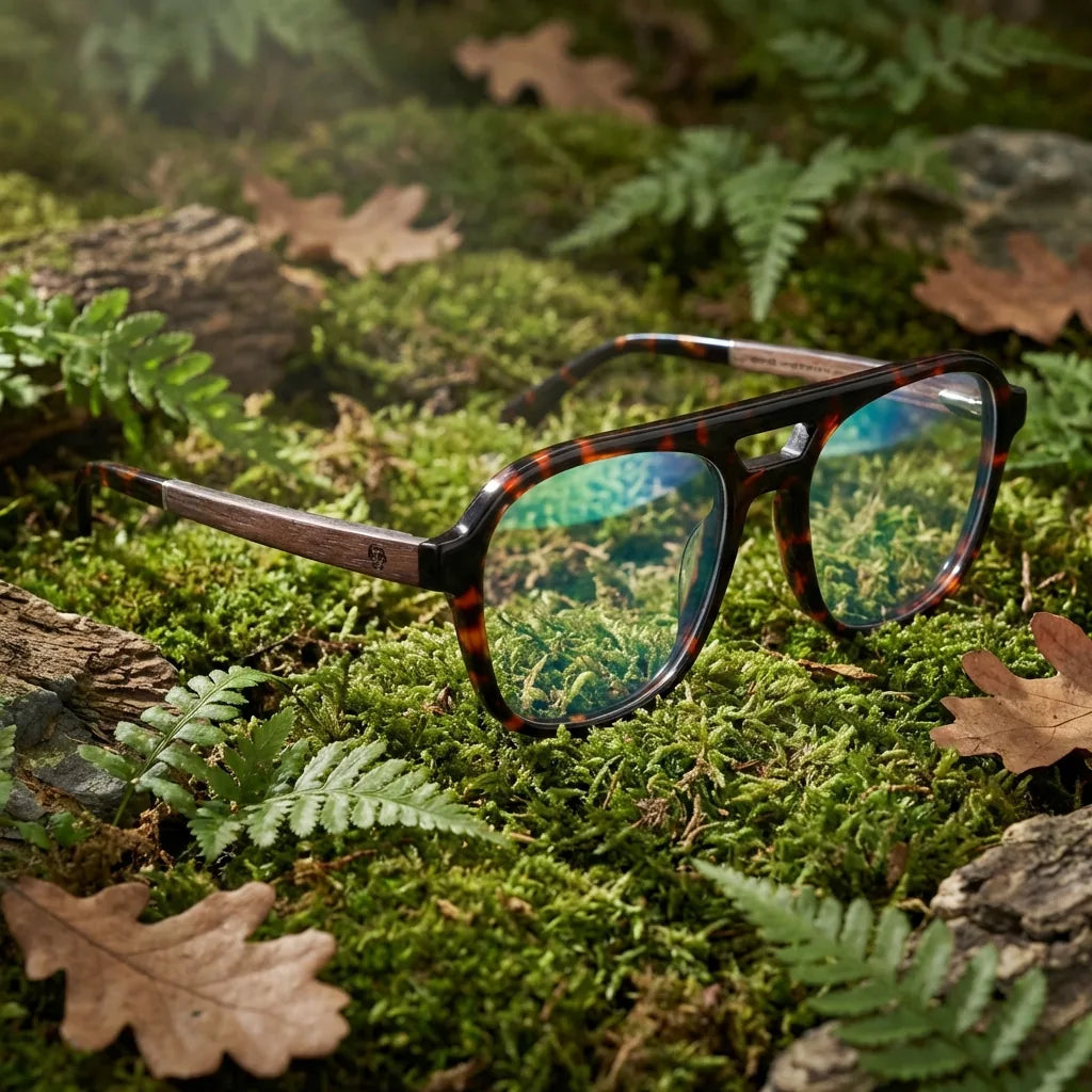 Lentes ópticos Orson Carey en bosque verde natural diseño sustentable Bonoboss #editorial_sustentabilidad #color_carey