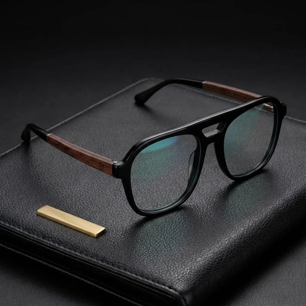 Lentes ópticos Orson Negro sobre cuero negro con detalle brass dorado calidad premium receta Bonoboss #editorial_banner_confianza #color_negro