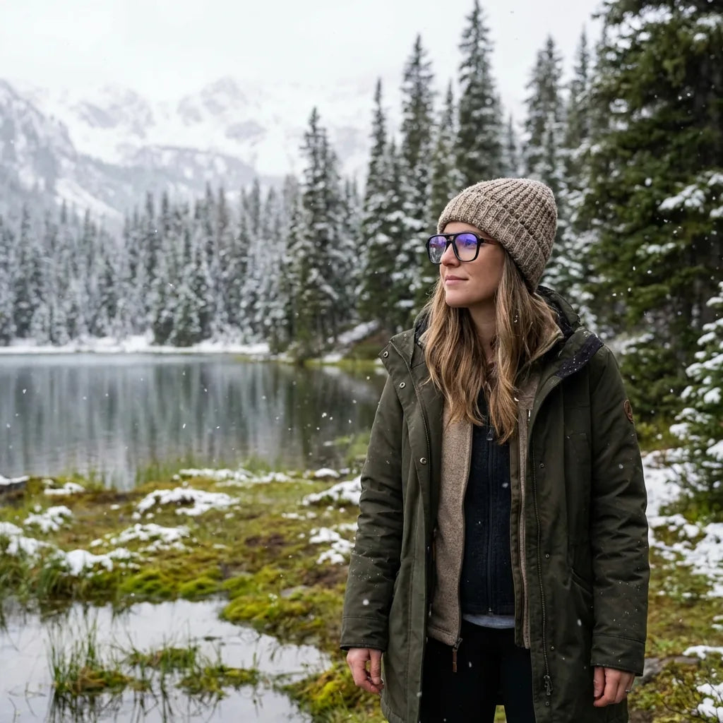 Lentes ópticos Orson Negro modelo con gorro en bosque nevado invernal Bonoboss #editorial_lifestyle1 #color_negro