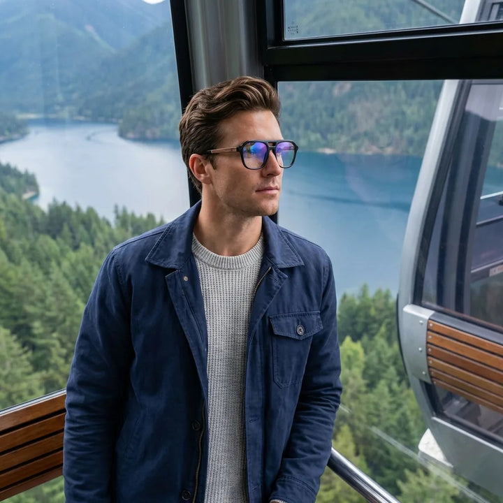 Lentes ópticos Orson Negro modelo en teleférico con vista a lago Bonoboss #editorial_lifestyle2 #color_negro