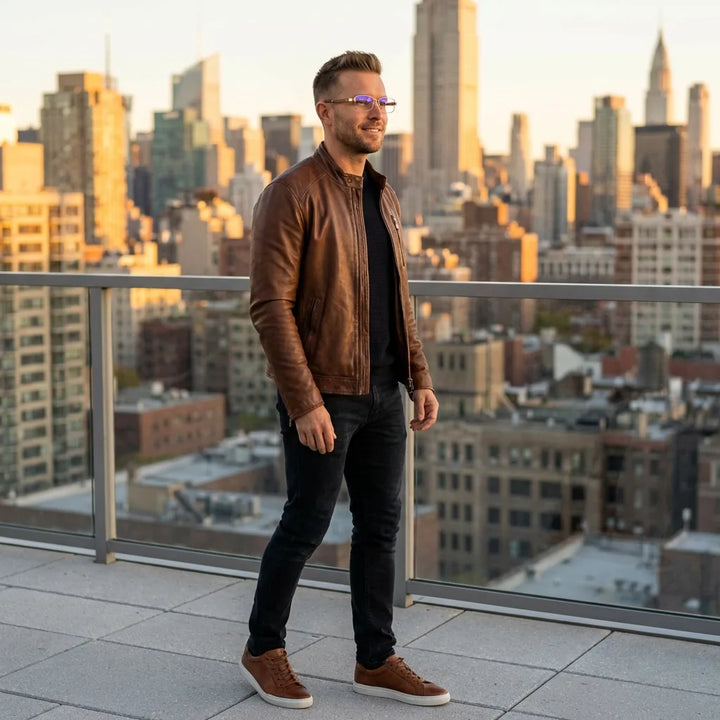 Lentes ópticos Pablo Dorado hombre profesional en rooftop urbano atardecer Bonoboss #editorial_lifestyle1 #color_dorado