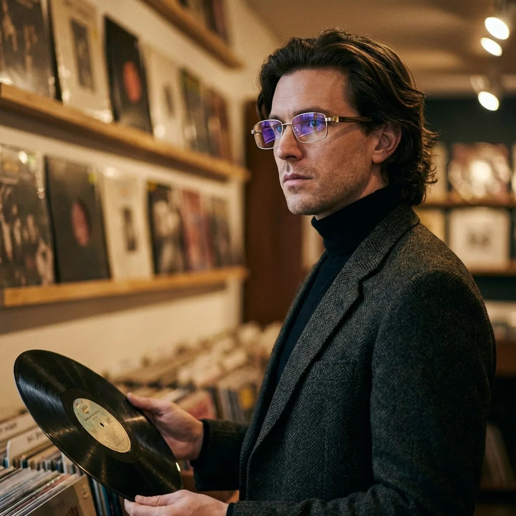 Lentes ópticos Pablo Dorado hombre escuchando vinilo estilo creativo Bonoboss #editorial_lifestyle4 #color_dorado