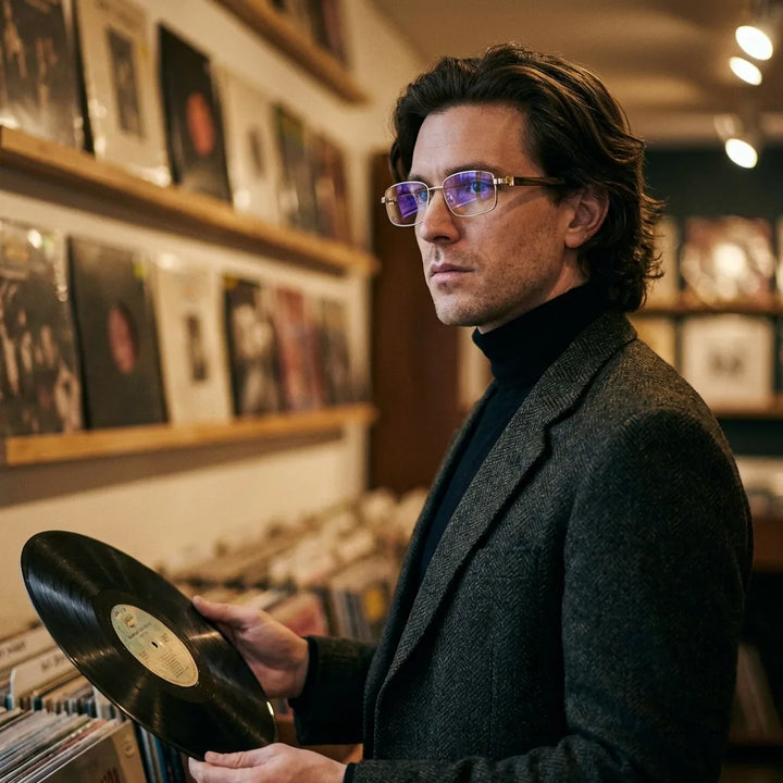 Lentes ópticos Pablo Dorado hombre escuchando vinilo estilo creativo Bonoboss #editorial_lifestyle4 #color_dorado