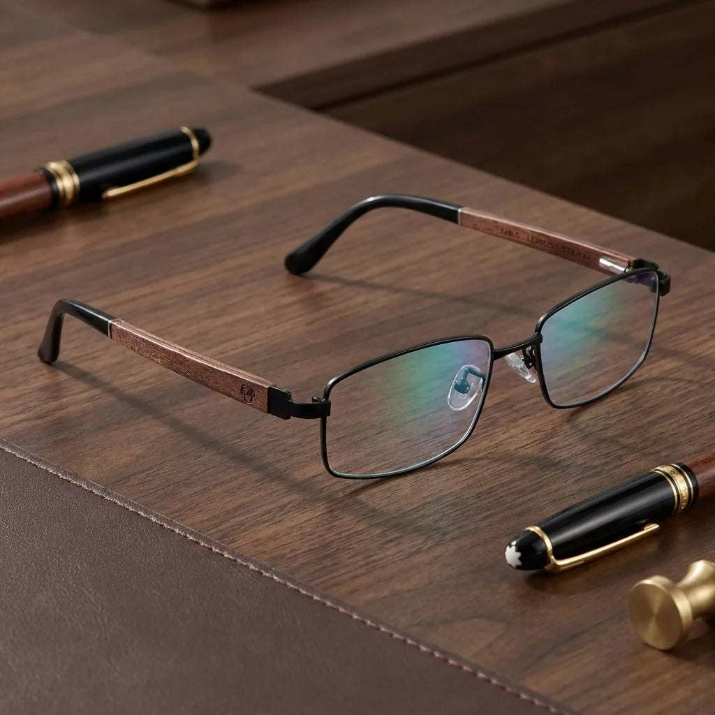 Lentes ópticos Pablo Negro sobre escritorio de madera premium armazón premium Bonoboss #editorial_armazon #color_negro