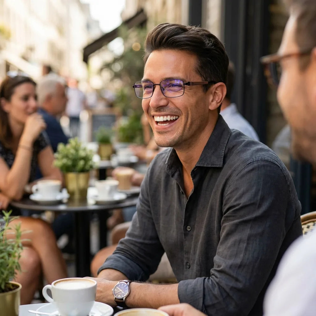 Lentes ópticos Pablo Negro hombre en café con amigos ambiente social Bonoboss #editorial_lifestyle1 #color_negro