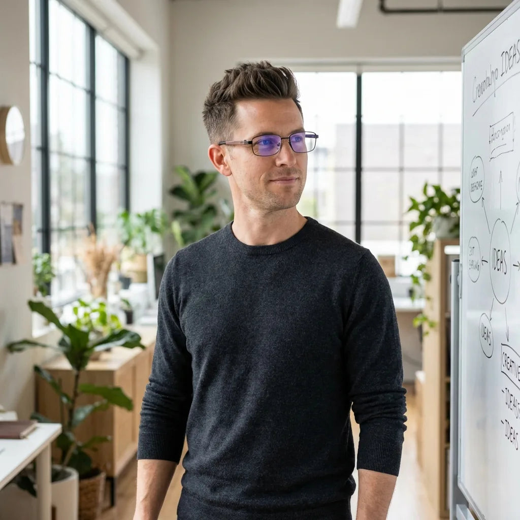 Lentes ópticos Pablo Negro hombre profesional en coworking moderno Bonoboss #editorial_lifestyle2 #color_negro