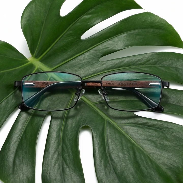 Lentes ópticos Pablo Negro entre hojas botánicas naturales diseño sustentable Bonoboss #editorial_sustentabilidad #color_negro