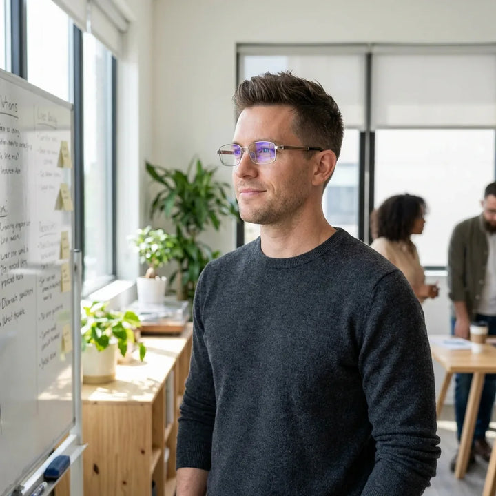 Lentes ópticos Pablo Silver hombre profesional en coworking moderno Bonoboss #editorial_lifestyle2 #color_silver