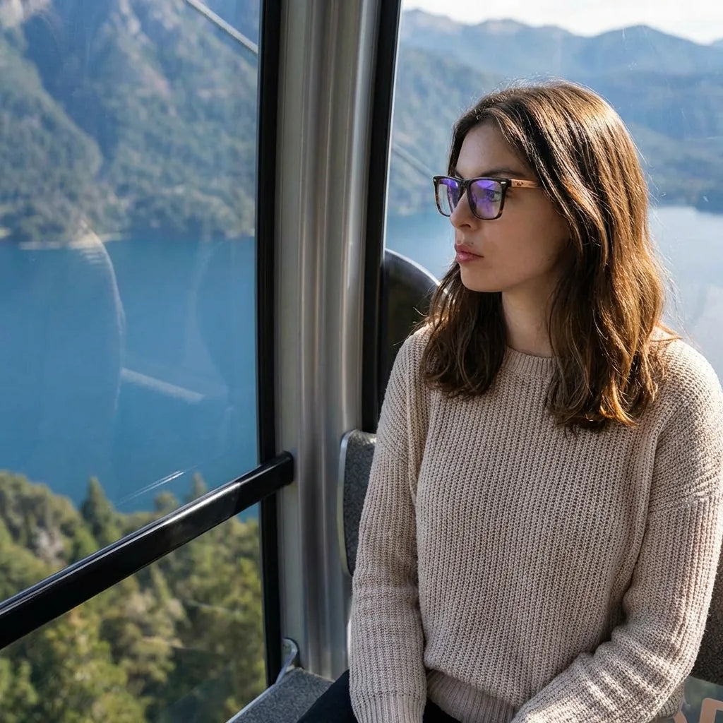 Lentes ópticos Puerto Carey modelo en teleférico con vista a lago Bonoboss #editorial_lifestyle2 #color_carey