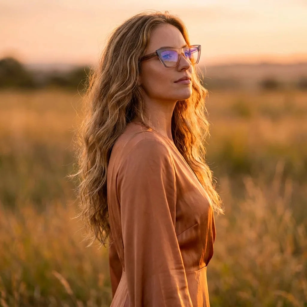 Lentes ópticos Rosario Durazno mujer en luz dorada golden hour elegante Bonoboss #editorial_lifestyle2 #color_durazno