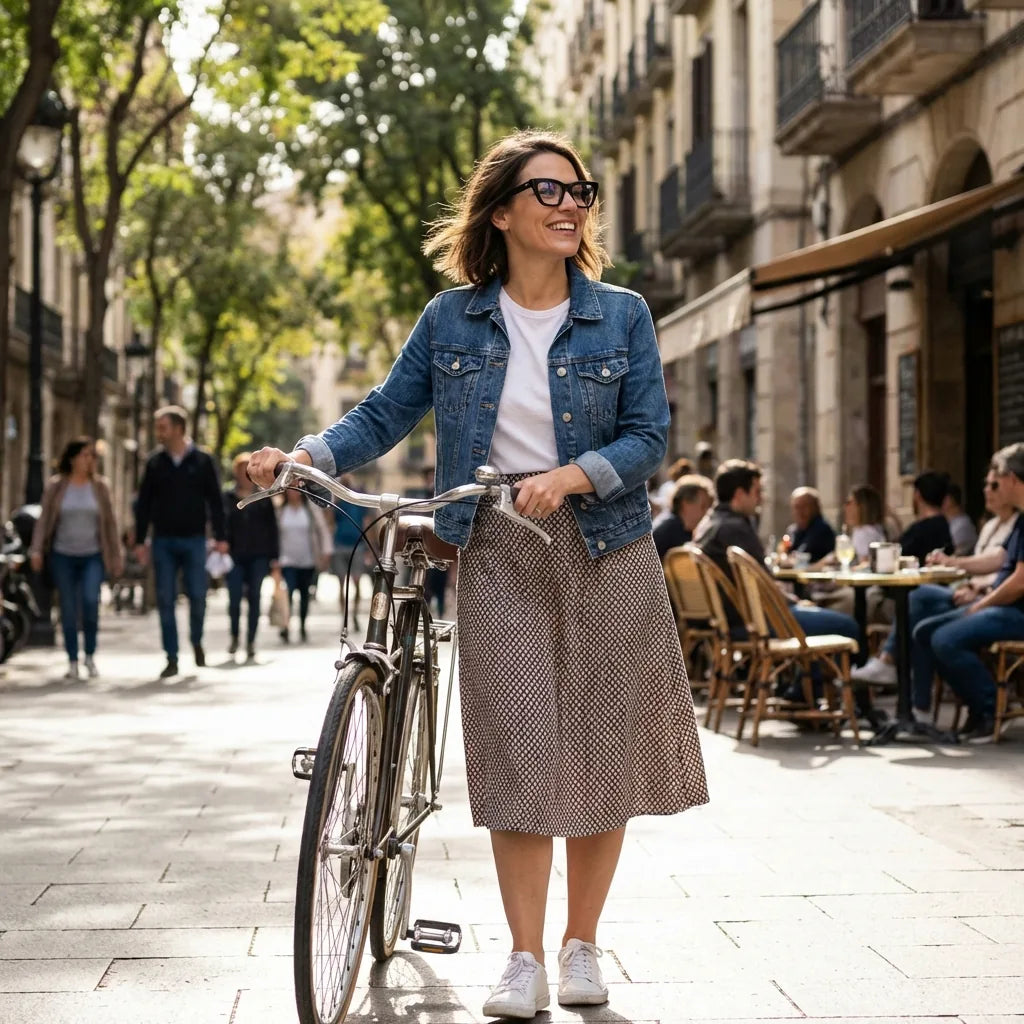 Lentes ópticos Rosario Negro mujer en bicicleta vintage café urbano Bonoboss #editorial_lifestyle2 #color_negro