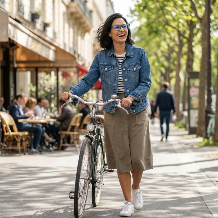 Lentes ópticos Rosario Verde mujer en bicicleta vintage café urbano Bonoboss #editorial_lifestyle3 #color_verde