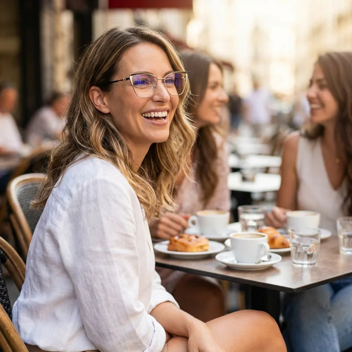 Lentes ópticos Sabrina Negro mujer en café con amigas ambiente social Bonoboss #editorial_lifestyle1 #color_negro