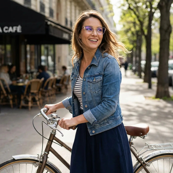 Lentes ópticos Sabrina Negro mujer en bicicleta vintage café urbano Bonoboss #editorial_lifestyle3 #color_negro