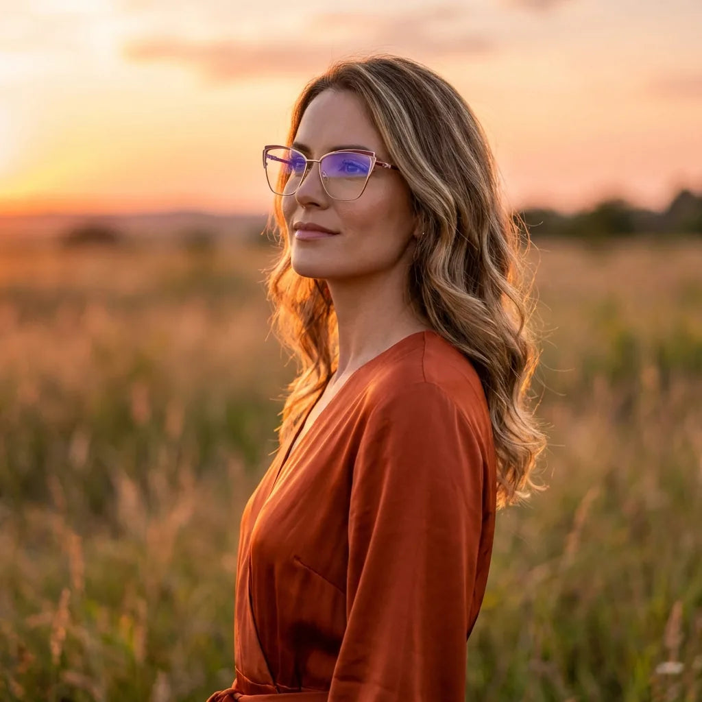 Lentes ópticos Sabrina Rojo mujer en luz dorada golden hour elegante Bonoboss #editorial_lifestyle2 #color_rojo