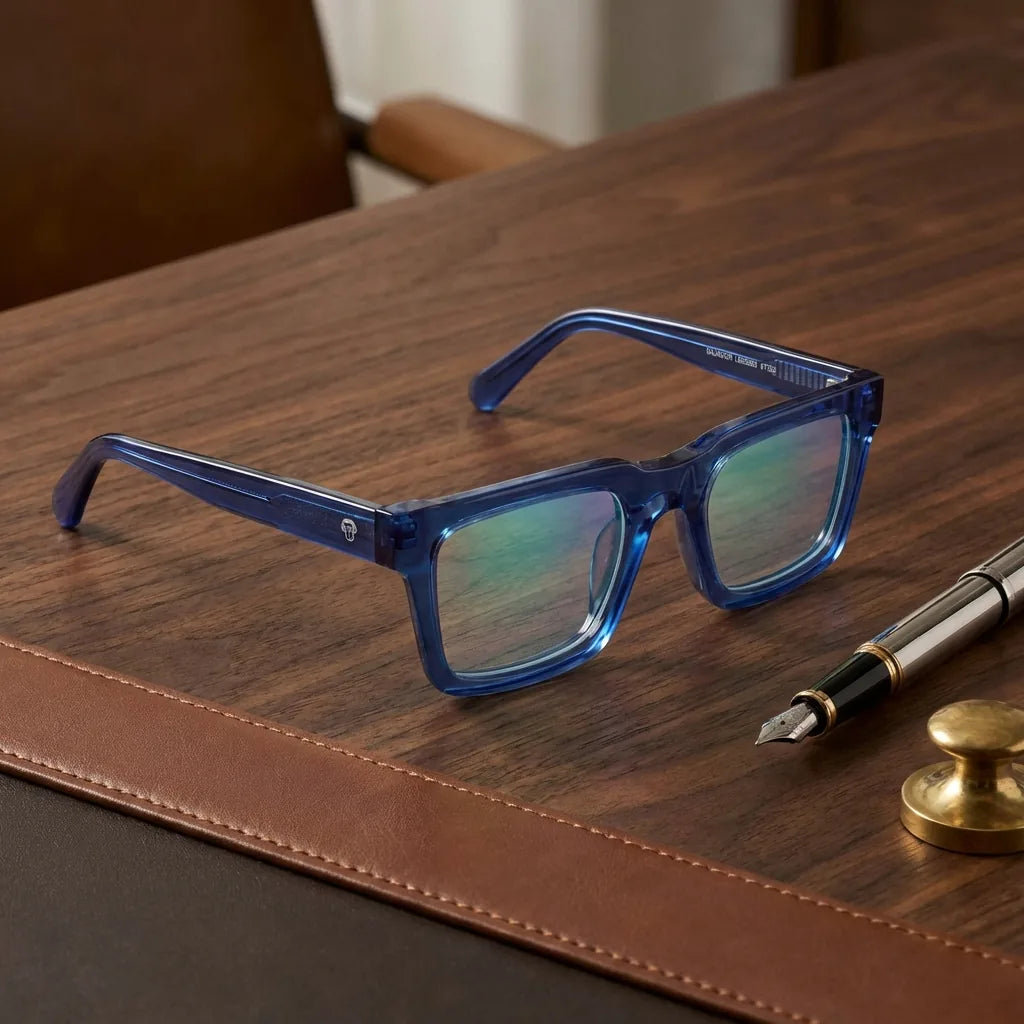 Lentes ópticos Salvador Azul sobre escritorio de madera premium armazón premium Bonoboss #editorial_armazon #color_azul