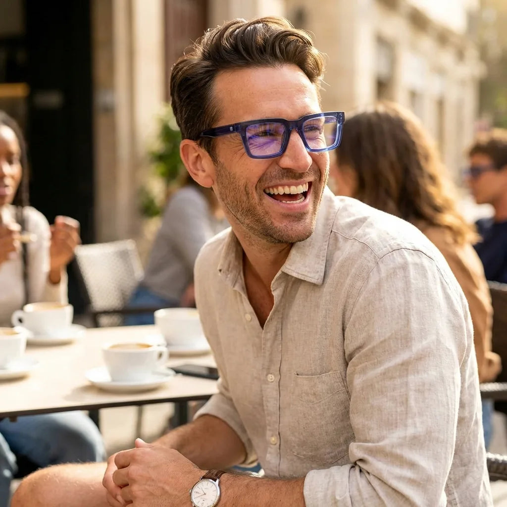 Lentes ópticos Salvador Azul hombre en café con amigos ambiente social Bonoboss #editorial_lifestyle1 #color_azul