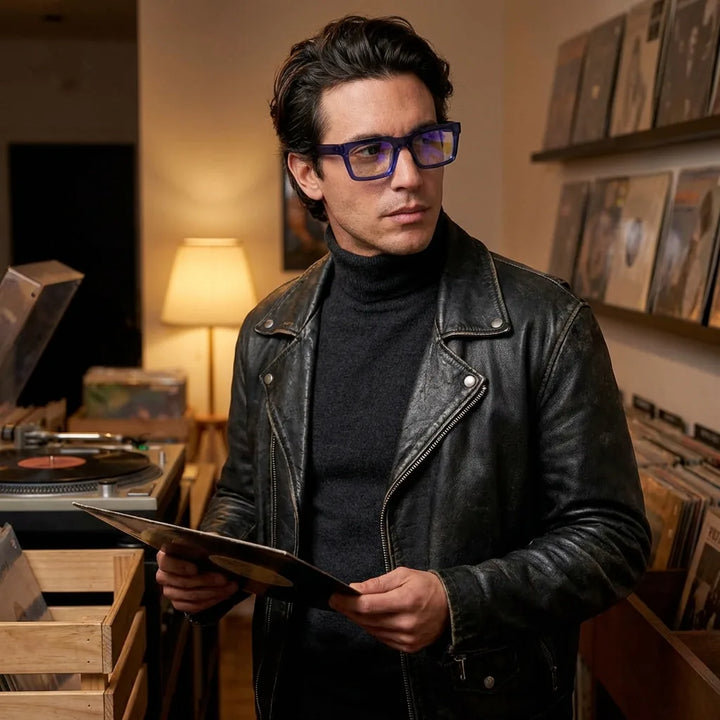 Lentes ópticos Salvador Azul hombre escuchando vinilo estilo creativo Bonoboss #editorial_lifestyle3 #color_azul
