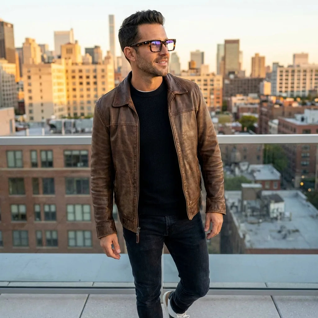 Lentes ópticos Salvador Carey hombre profesional en rooftop urbano atardecer Bonoboss #editorial_lifestyle1 #color_carey