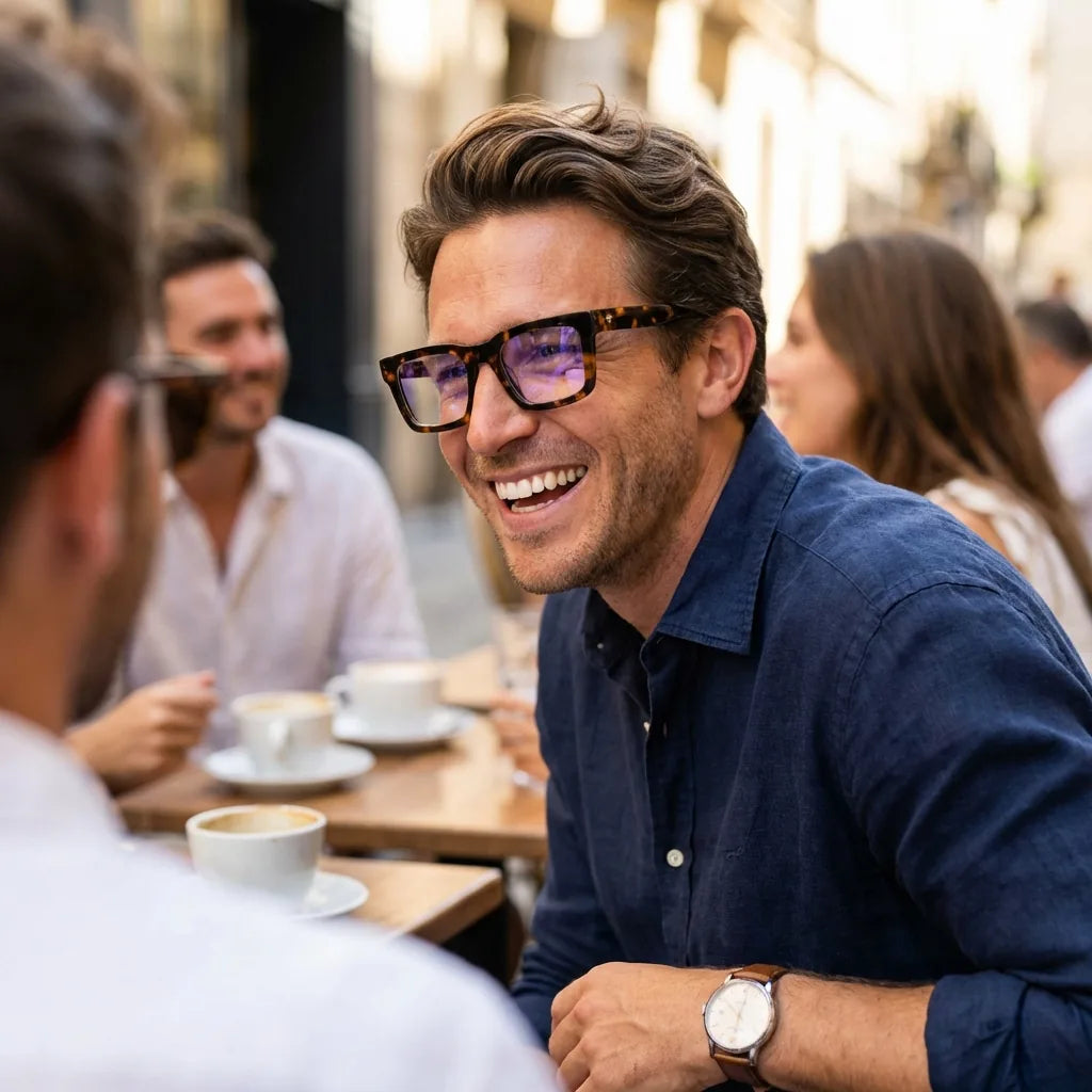 Lentes ópticos Salvador Carey hombre en café con amigos ambiente social Bonoboss #editorial_lifestyle2 #color_carey