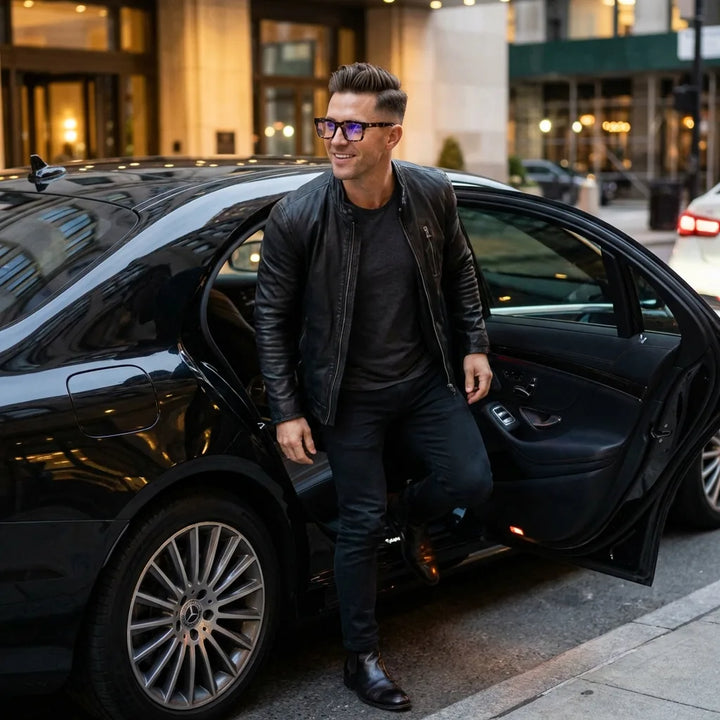 Lentes ópticos Salvador Carey hombre elegante bajando de auto premium Bonoboss #editorial_lifestyle4 #color_carey