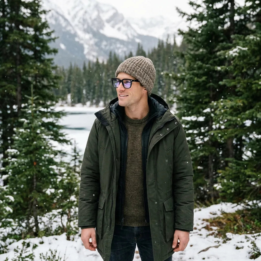 Lentes ópticos Selkie Negro modelo con gorro en bosque nevado invernal Bonoboss #editorial_lifestyle1 #color_negro