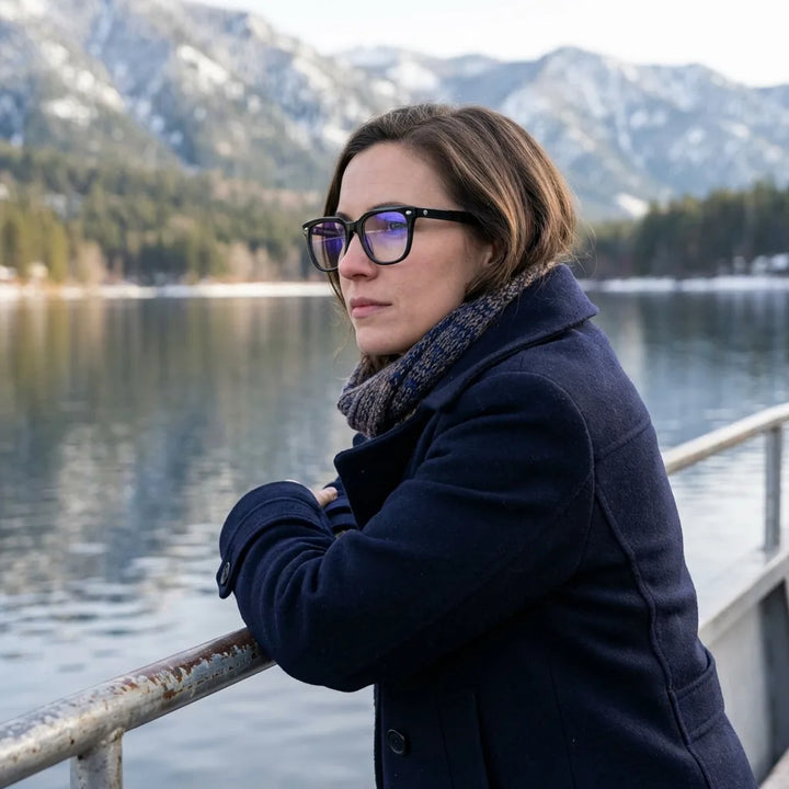 Lentes ópticos Selkie Negro modelo en barco lago con bosque nevado Bonoboss #editorial_lifestyle2 #color_negro