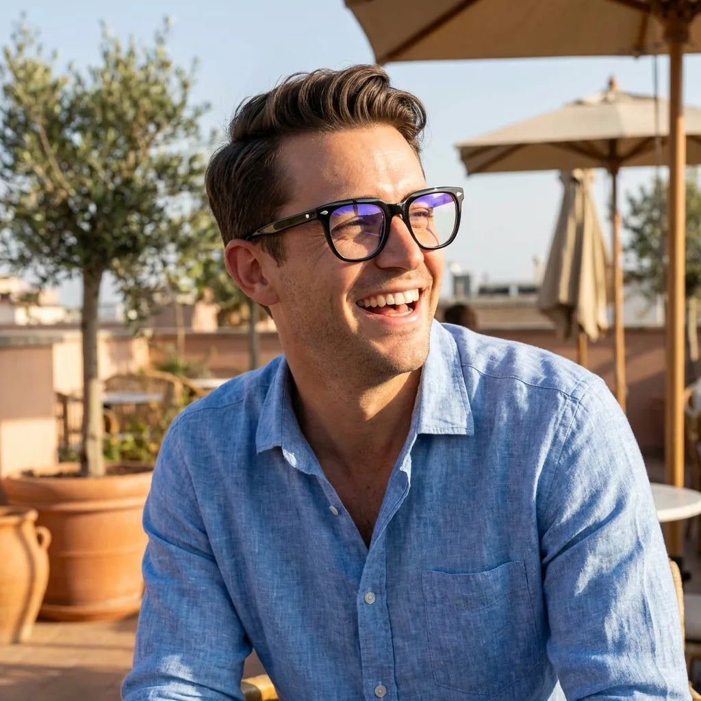 Lentes ópticos Selkie Negro mujer en terraza con vista panorámica Bonoboss #editorial_lifestyle3 #color_negro