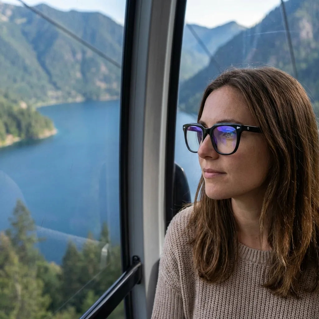 Lentes ópticos Selkie Negro modelo en teleférico con vista a lago Bonoboss #editorial_lifestyle4 #color_negro