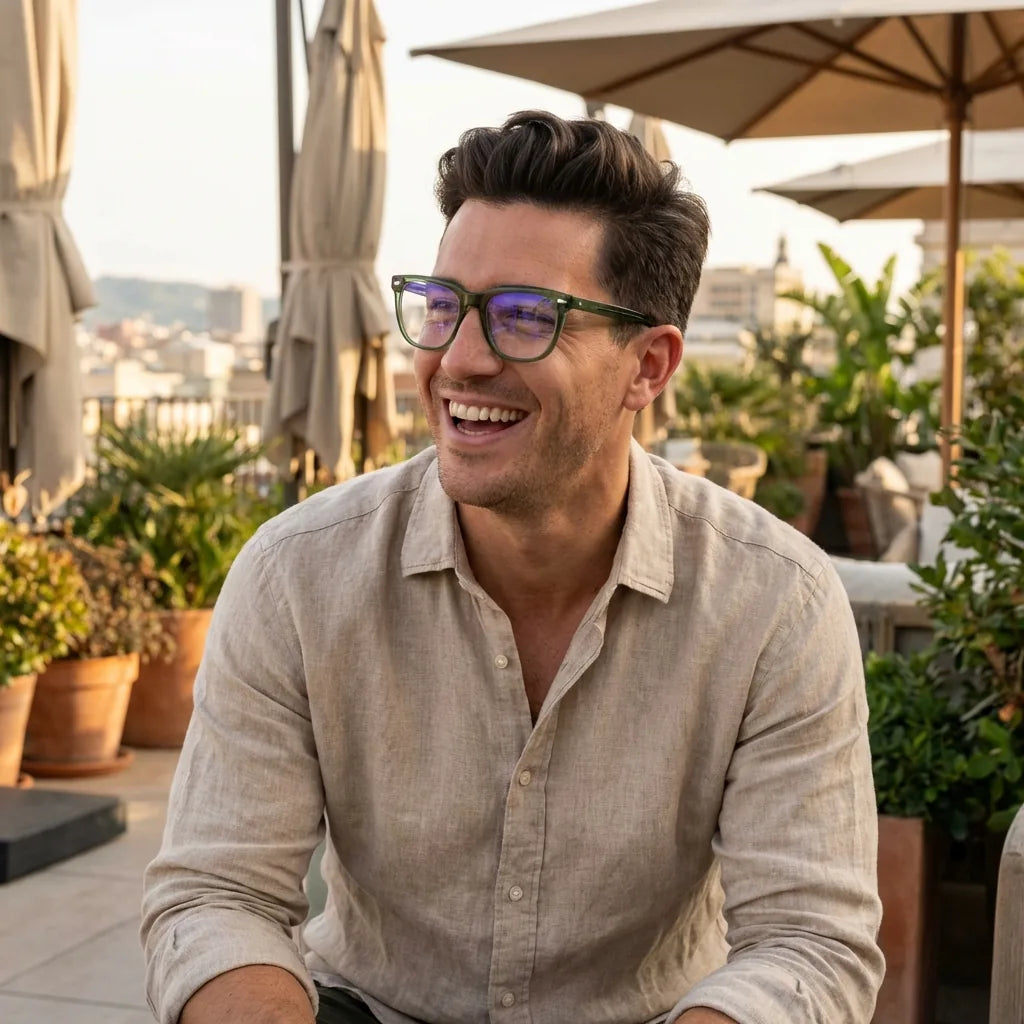 Lentes ópticos Selkie Verde mujer en terraza con vista panorámica Bonoboss #editorial_lifestyle2 #color_verde