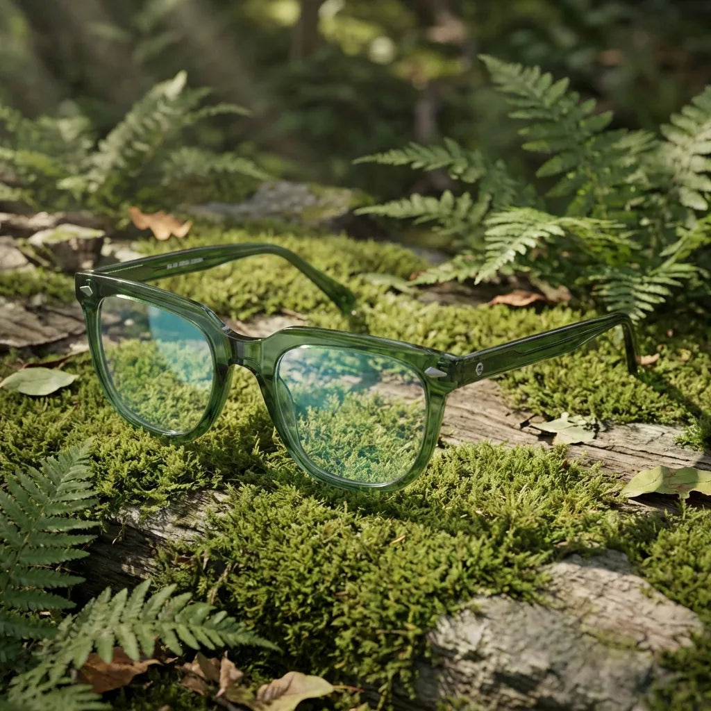 Lentes ópticos Selkie Verde en bosque verde natural diseño sustentable Bonoboss #editorial_sustentabilidad #color_verde