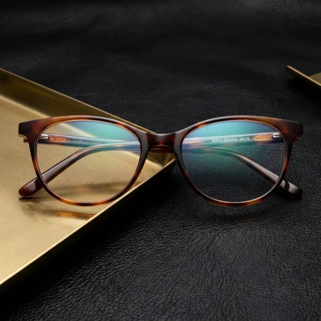 Lentes ópticos Sofia Carey sobre cuero negro con detalle brass dorado calidad premium receta Bonoboss #editorial_banner_confianza #color_carey