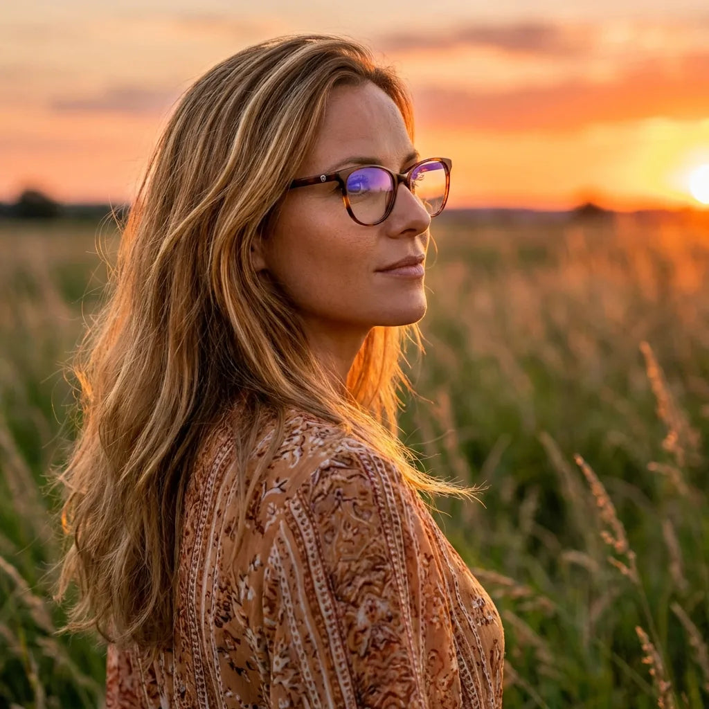 Lentes ópticos Sofia Carey mujer en luz dorada golden hour elegante Bonoboss #editorial_lifestyle2 #color_carey