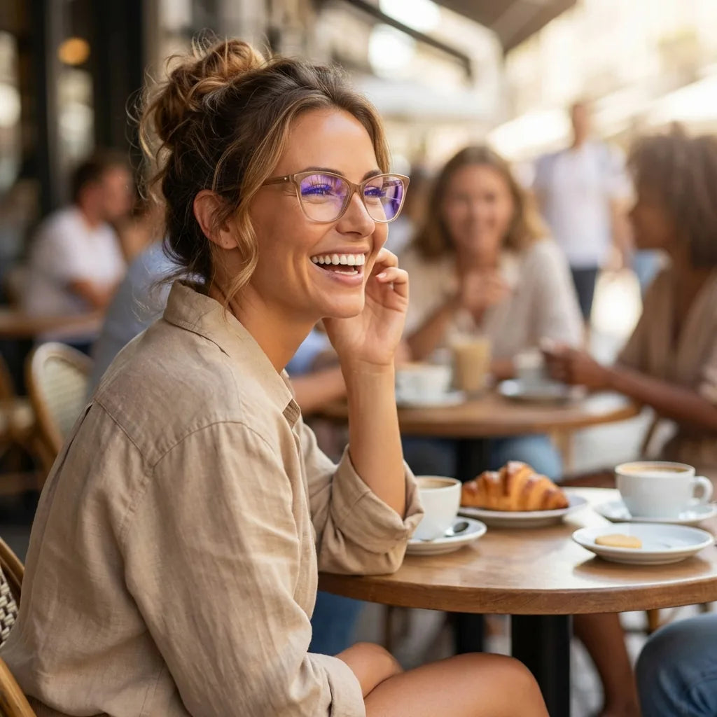 Lentes ópticos Sofia Amarillo mujer en café con amigas ambiente social Bonoboss #editorial_lifestyle1 #color_amarillo