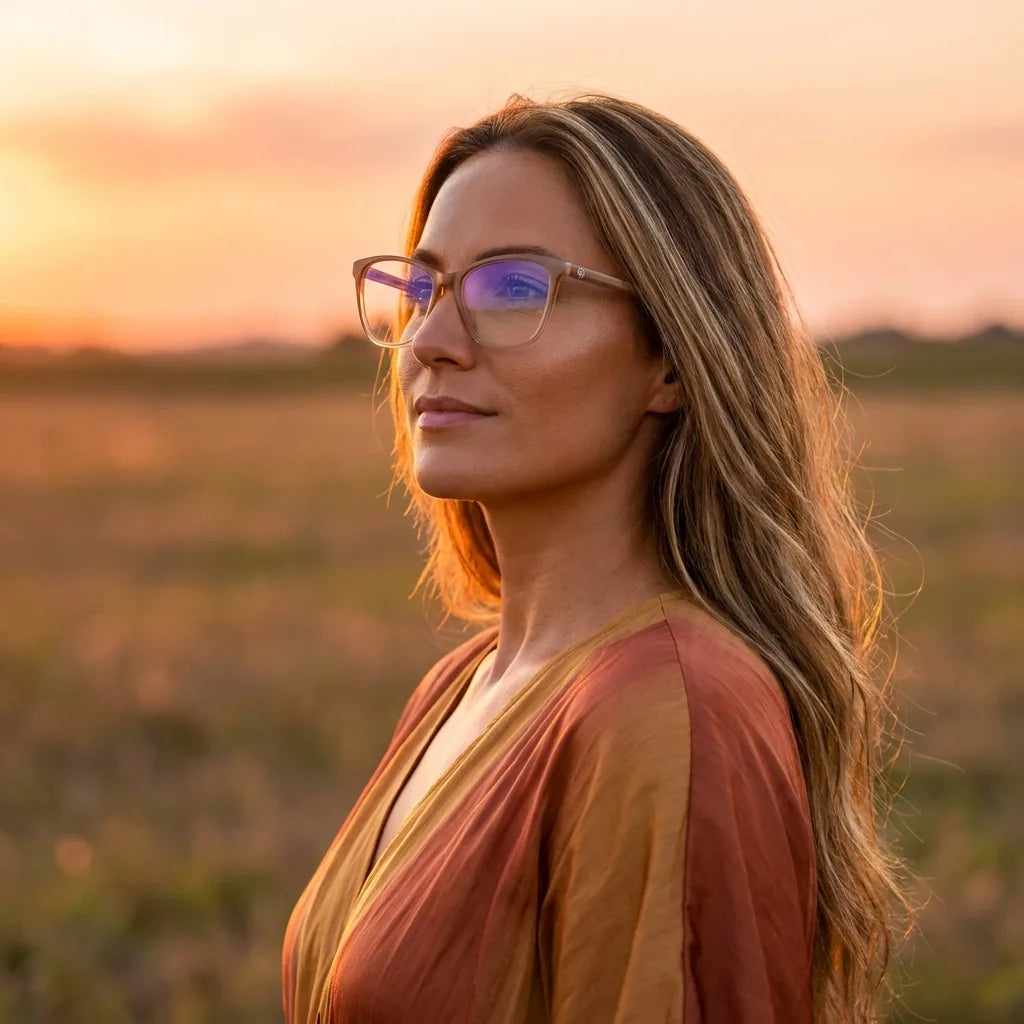 Lentes ópticos Sofia Amarillo mujer en luz dorada golden hour elegante Bonoboss #editorial_lifestyle2 #color_amarillo